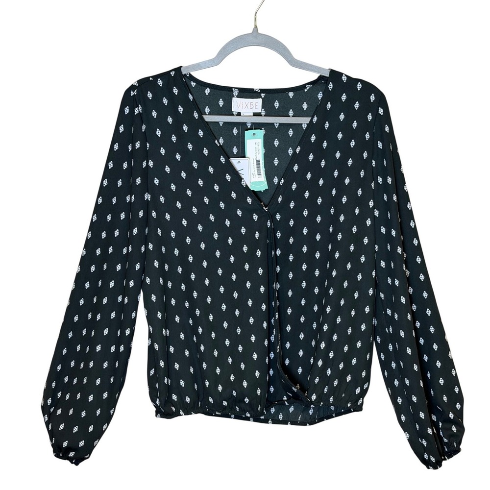 VIXBE Wrap Blouse Dark Green Medium White Geometric Print Faux Sleeve Top Office